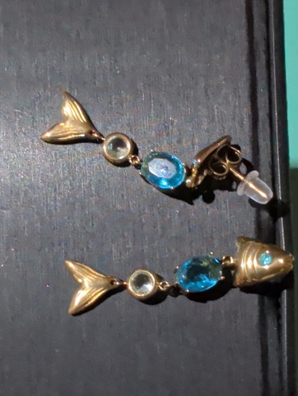 Gold-Over .925 Silver Fish Mermaid Tail Drop Earrings with Blue Gemstones